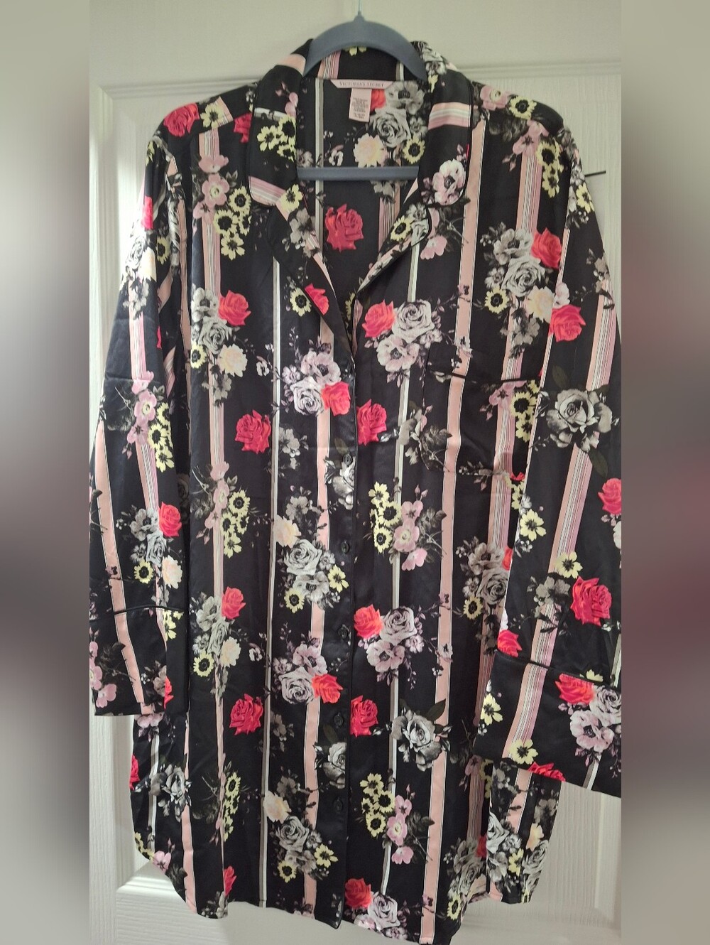 Victoria's Secret Black Satin Sleep Shirt with Pink & Red Floral Accents
